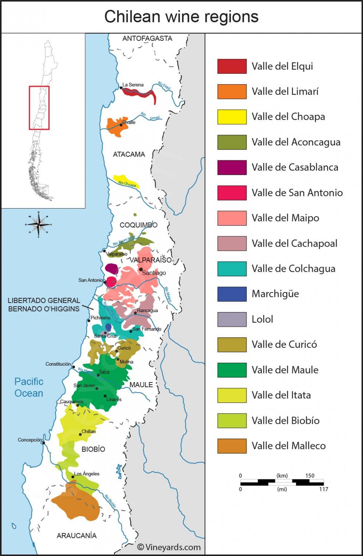 מפת אזורי היין של צ ' ילה 