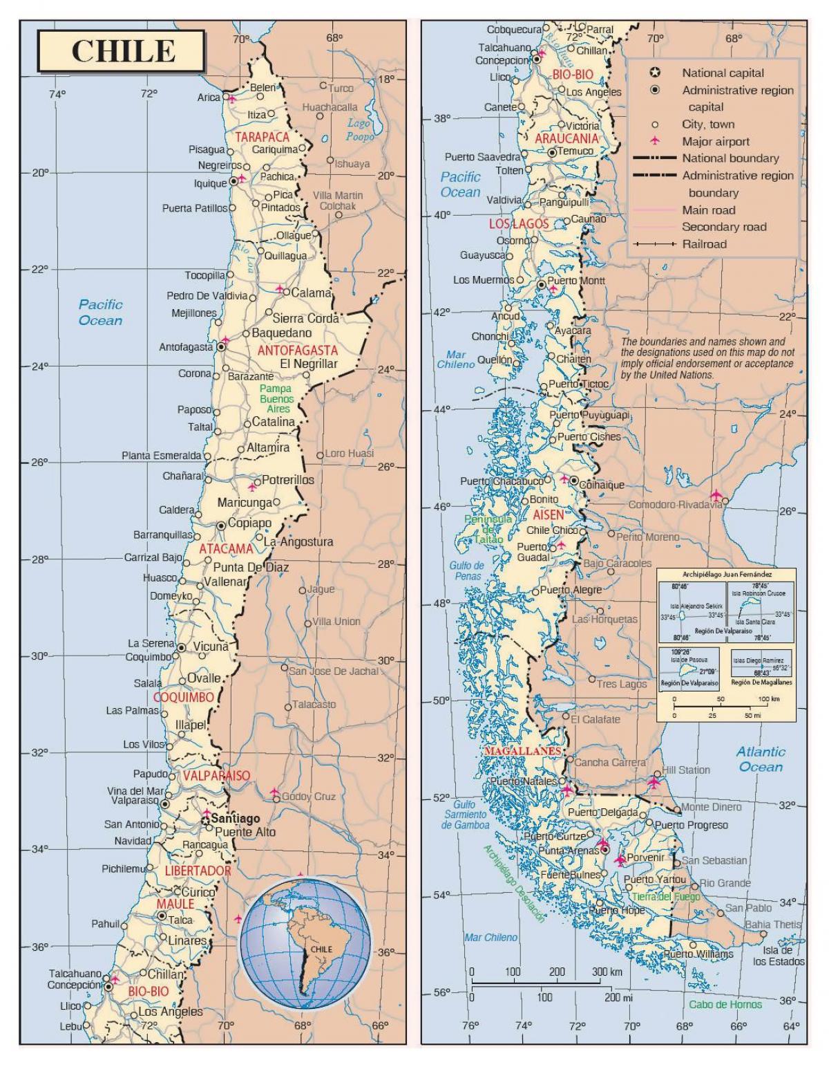 מפה של צ ' ילה עם ערים