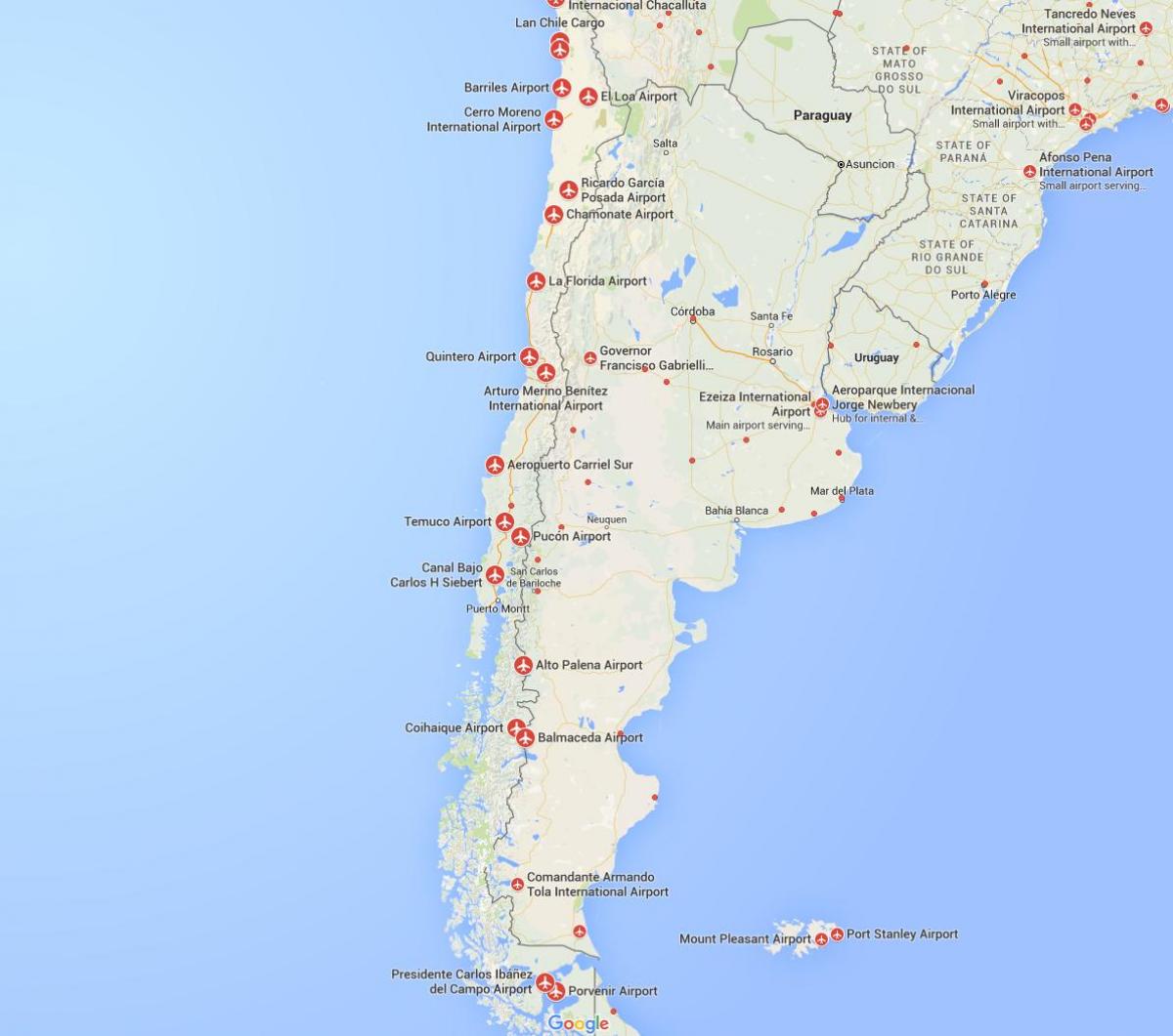 מפה של נמלי תעופה ב צ ' ילה